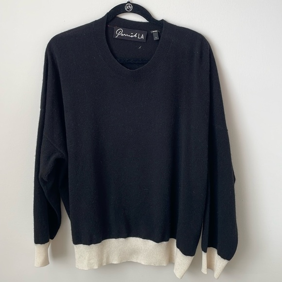 Parrish LA Women's Sweater Large Cashmere Pullover Black Cream Great Beautiful - Picture 1 of 7
